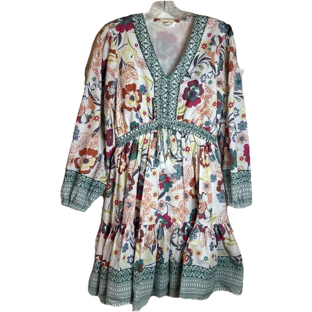 Kaktus Floral Bead Trim Tiered Dress Small Multi Boho Mini Balloon Slv - Picture 2 of 9